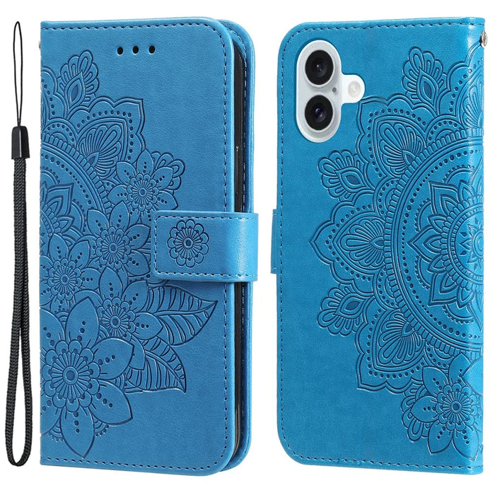 For iPhone 16 Case Floral Pattern PU Leather Wallet Stand Phone Cover - Blue - 1