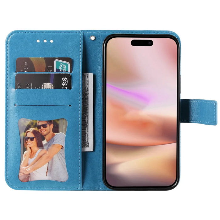 For iPhone 16 Case Floral Pattern PU Leather Wallet Stand Phone Cover - Blue - 2