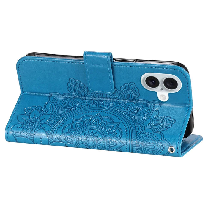 For iPhone 16 Case Floral Pattern PU Leather Wallet Stand Phone Cover - Blue - 4