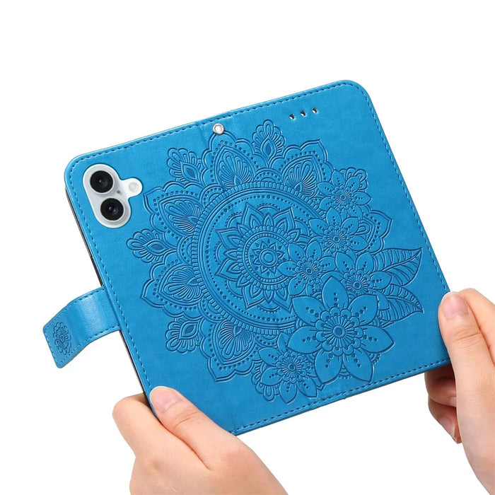 For iPhone 16 Case Floral Pattern PU Leather Wallet Stand Phone Cover - Blue - 5