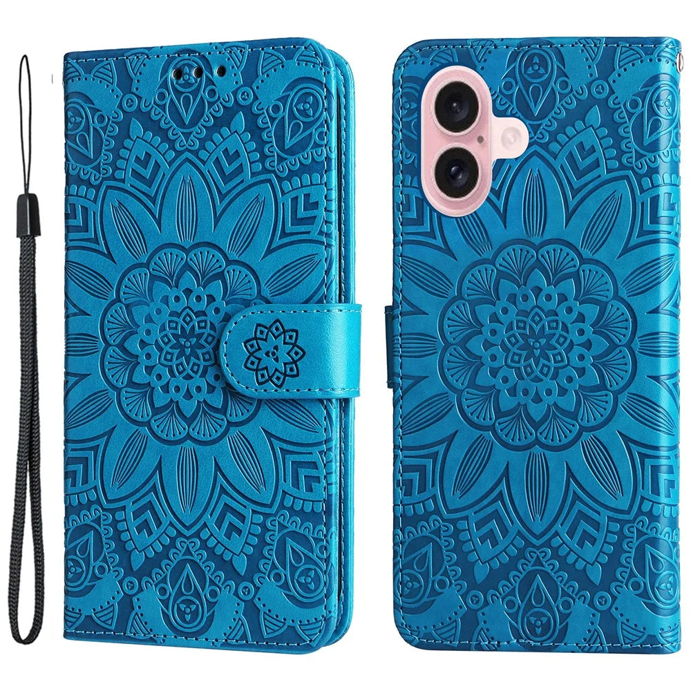 For iPhone 16 PU Leather Phone Stand Case Imprinted Sunflower Card Holder Phone Cover - Blue - 1