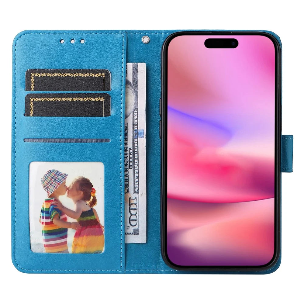 For iPhone 16 PU Leather Phone Stand Case Imprinted Sunflower Card Holder Phone Cover - Blue - 2