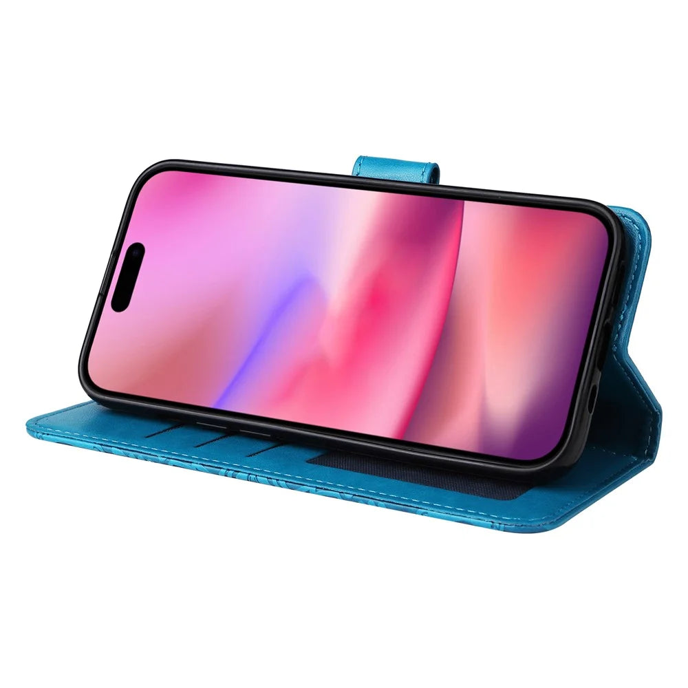 For iPhone 16 PU Leather Phone Stand Case Imprinted Sunflower Card Holder Phone Cover - Blue - 3