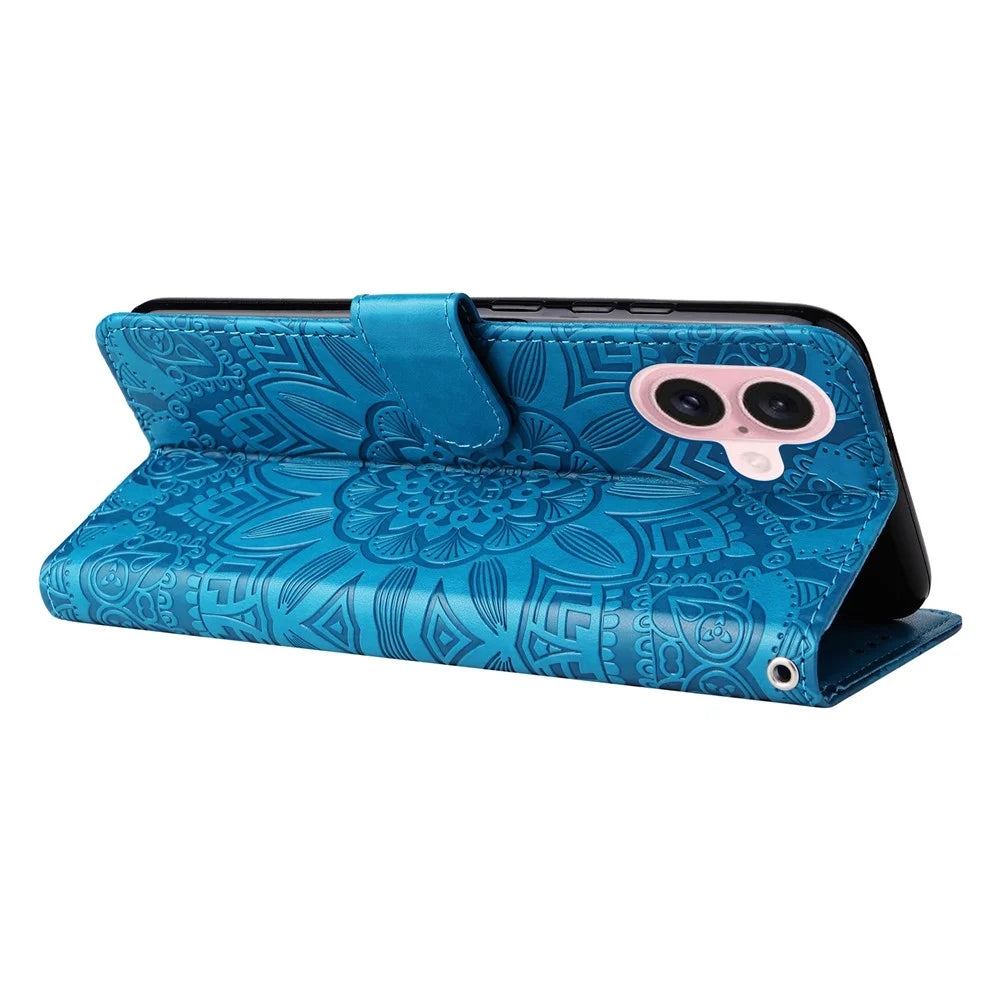 For iPhone 16 PU Leather Phone Stand Case Imprinted Sunflower Card Holder Phone Cover - Blue - 4