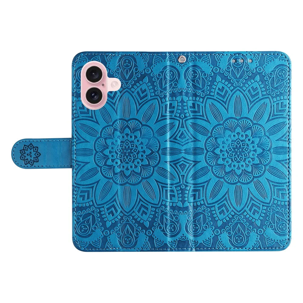 For iPhone 16 PU Leather Phone Stand Case Imprinted Sunflower Card Holder Phone Cover - Blue - 5