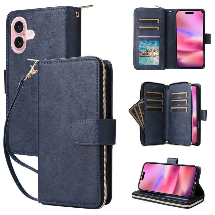 For iPhone 16 Case 9 Card Slots PU Leather Zipper Wallet Phone Cover - Blue - 1