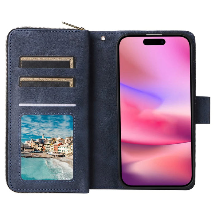 For iPhone 16 Case 9 Card Slots PU Leather Zipper Wallet Phone Cover - Blue - 2