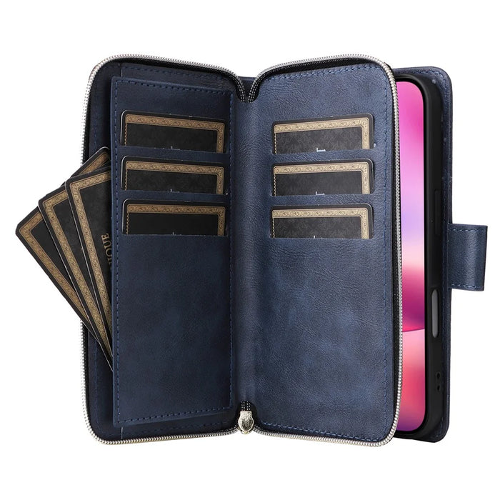 For iPhone 16 Case 9 Card Slots PU Leather Zipper Wallet Phone Cover - Blue - 3