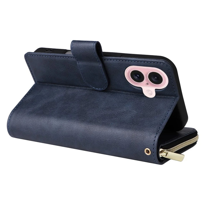 For iPhone 16 Case 9 Card Slots PU Leather Zipper Wallet Phone Cover - Blue - 5