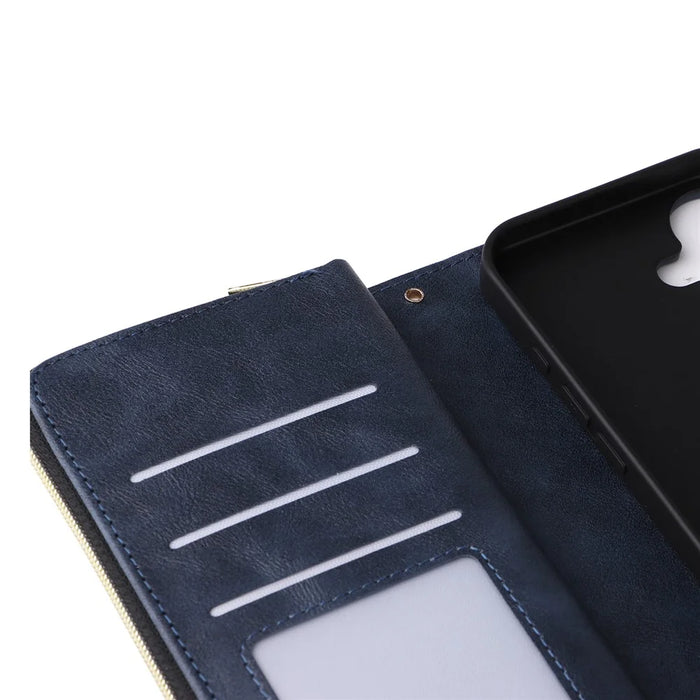 For iPhone 16 Case 9 Card Slots PU Leather Zipper Wallet Phone Cover - Blue - 7