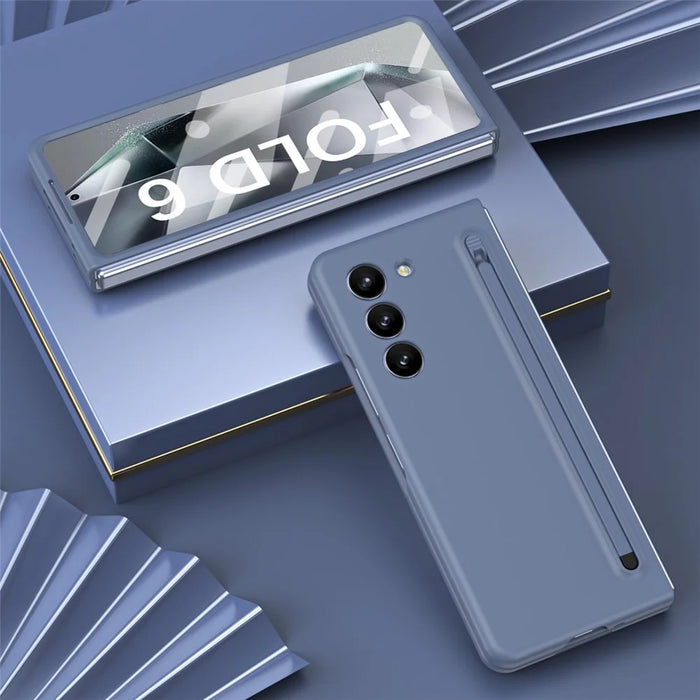 For Samsung Galaxy Z Fold6 5G Case Shockproof Phone Cover with Stylus / Tempered Glass Film - Blue+Blue Stylus - 5