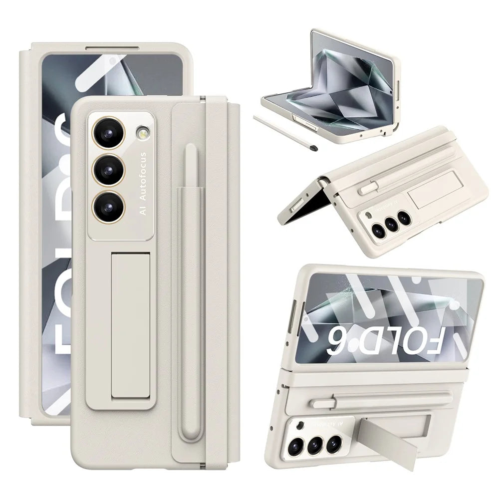 For Samsung Galaxy Z Fold6 5G Case Hinge Protection Leather Back Cover with Front Screen Film / Stylus - Milk White - 1