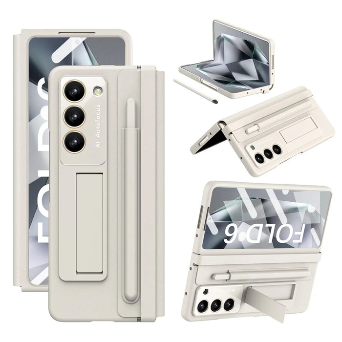 For Samsung Galaxy Z Fold6 5G Case Hinge Protection Leather Back Cover with Front Screen Film / Stylus - Milk White - 1