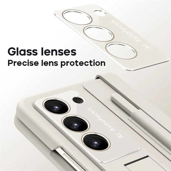 For Samsung Galaxy Z Fold6 5G Case Hinge Protection Leather Back Cover with Front Screen Film / Stylus - Milk White - 3
