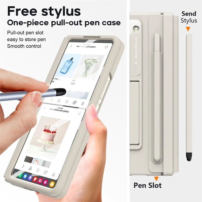 For Samsung Galaxy Z Fold6 5G Case Hinge Protection Leather Back Cover with Front Screen Film / Stylus - Milk White - 4