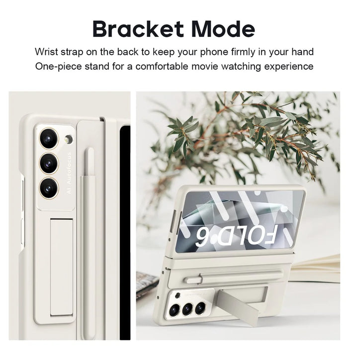 For Samsung Galaxy Z Fold6 5G Case Hinge Protection Leather Back Cover with Front Screen Film / Stylus - Milk White - 5