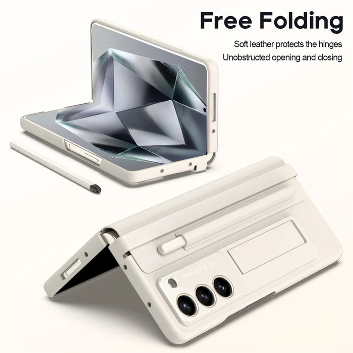 For Samsung Galaxy Z Fold6 5G Case Hinge Protection Leather Back Cover with Front Screen Film / Stylus - Milk White - 6