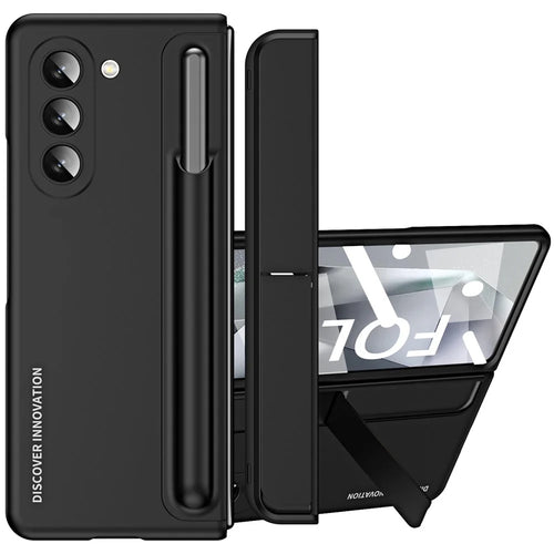 For Samsung Galaxy Z Fold6 5G Case Hidden Kickstand Hard PC Phone Cover with Screen Film / Stylus - Black - 1