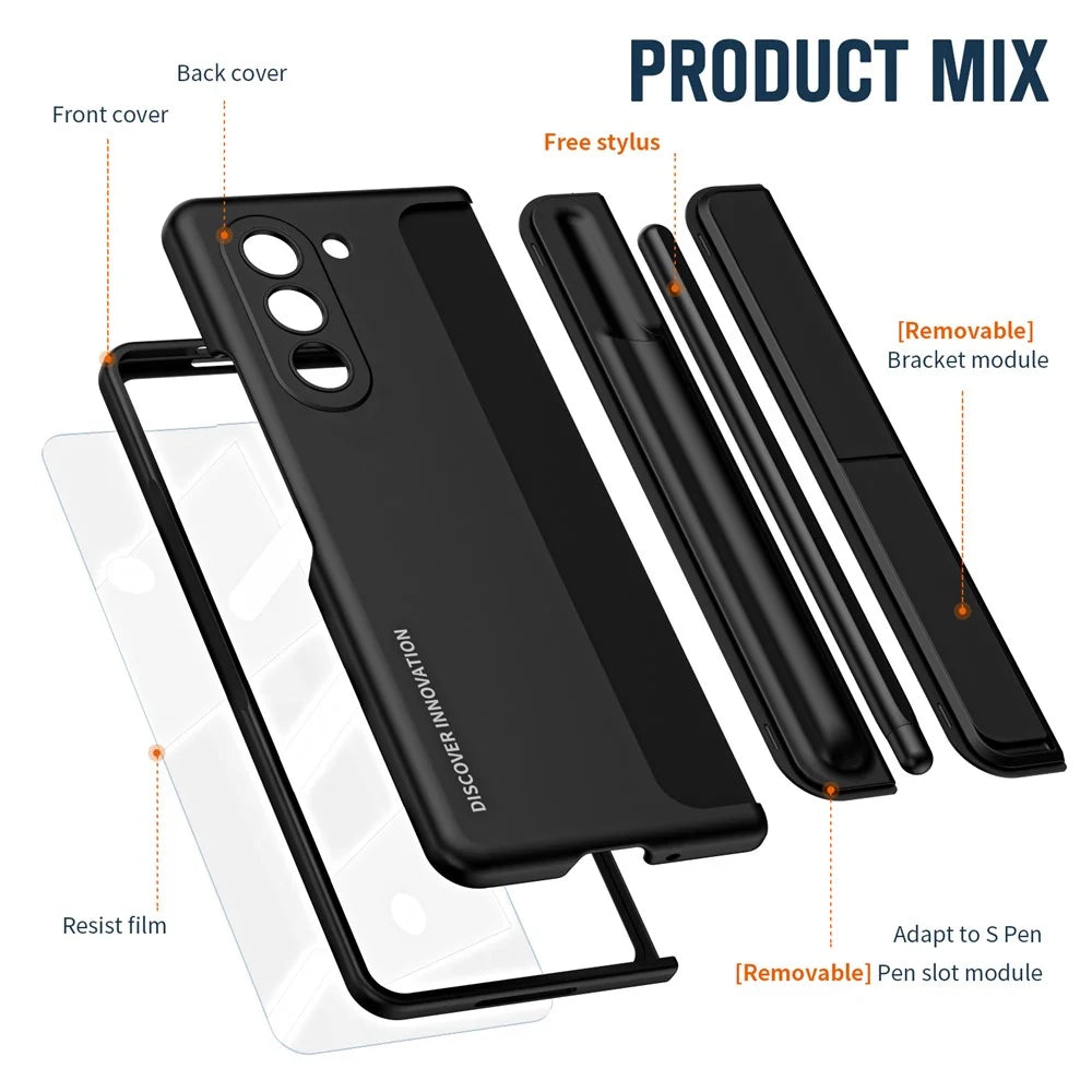 For Samsung Galaxy Z Fold6 5G Case Hidden Kickstand Hard PC Phone Cover with Screen Film / Stylus - Black - 6
