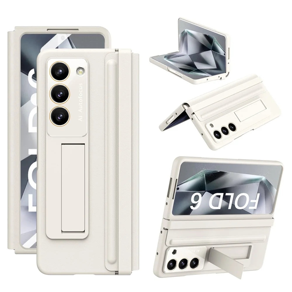 For Samsung Galaxy Z Fold6 5G Case Hinge Leather+PC Kickstand Phone Cover with Tempered Glass Film - Beige - 1