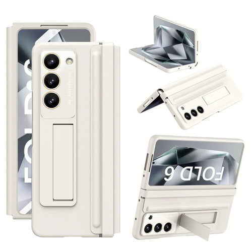 For Samsung Galaxy Z Fold6 5G Case Hinge Leather+PC Kickstand Phone Cover with Tempered Glass Film - Beige - 1