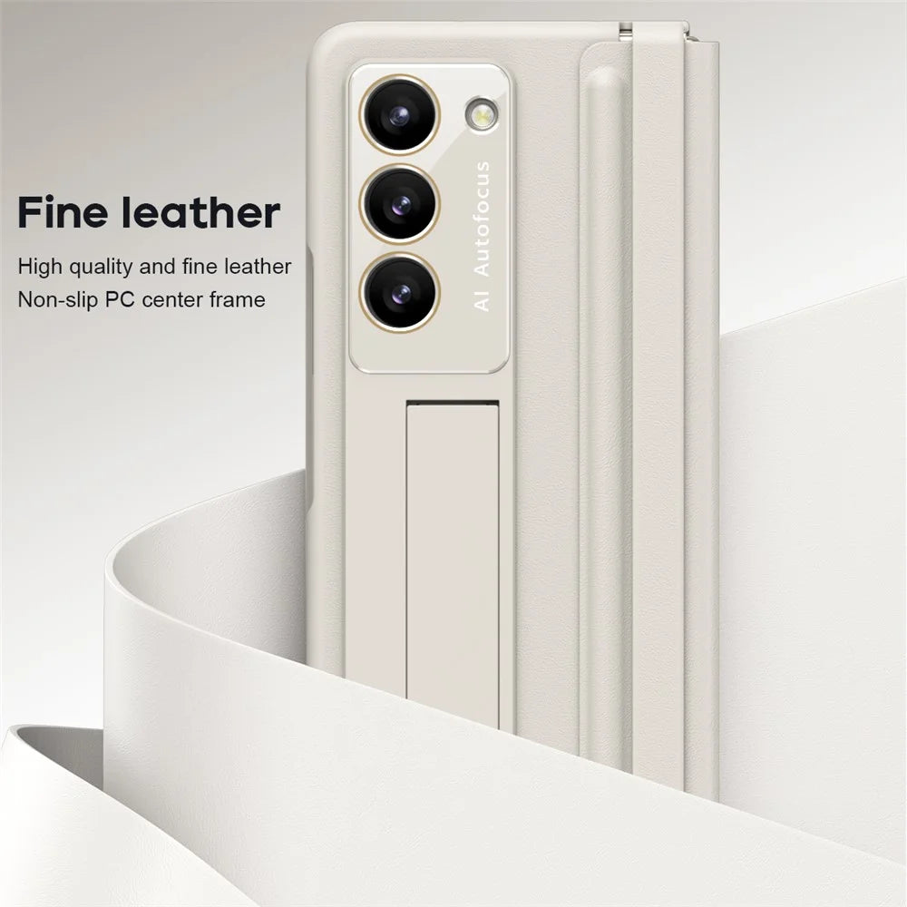 For Samsung Galaxy Z Fold6 5G Case Hinge Leather+PC Kickstand Phone Cover with Tempered Glass Film - Beige - 2