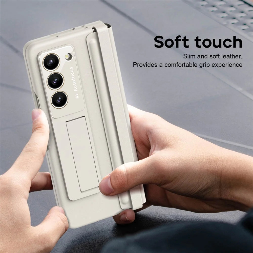 For Samsung Galaxy Z Fold6 5G Case Hinge Leather+PC Kickstand Phone Cover with Tempered Glass Film - Beige - 4