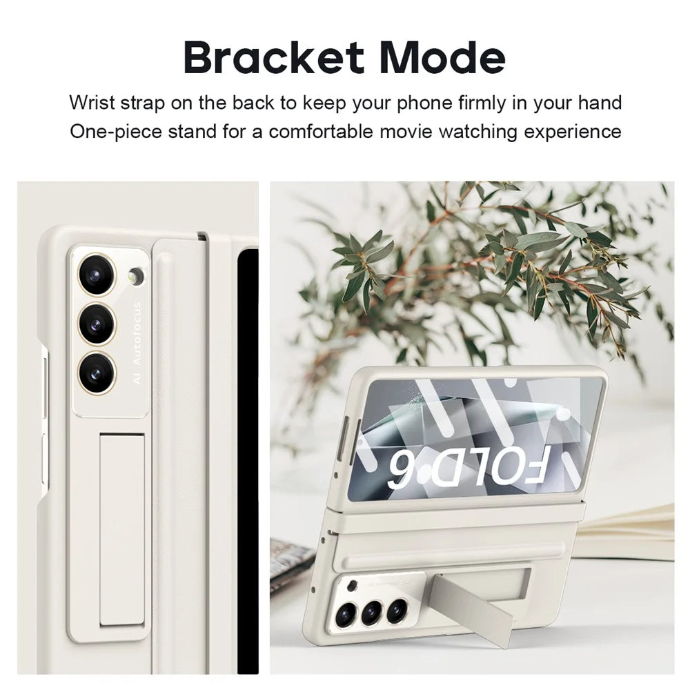 For Samsung Galaxy Z Fold6 5G Case Hinge Leather+PC Kickstand Phone Cover with Tempered Glass Film - Beige - 5