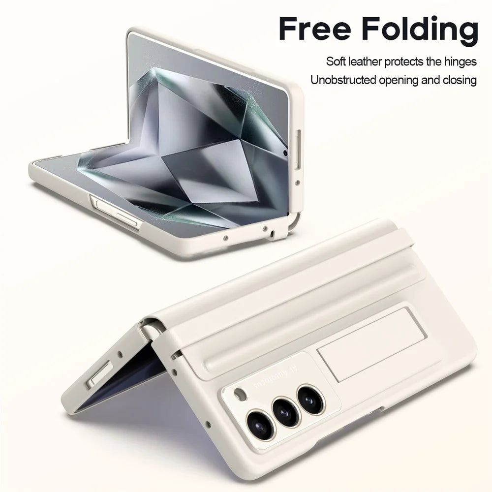 For Samsung Galaxy Z Fold6 5G Case Hinge Leather+PC Kickstand Phone Cover with Tempered Glass Film - Beige - 6
