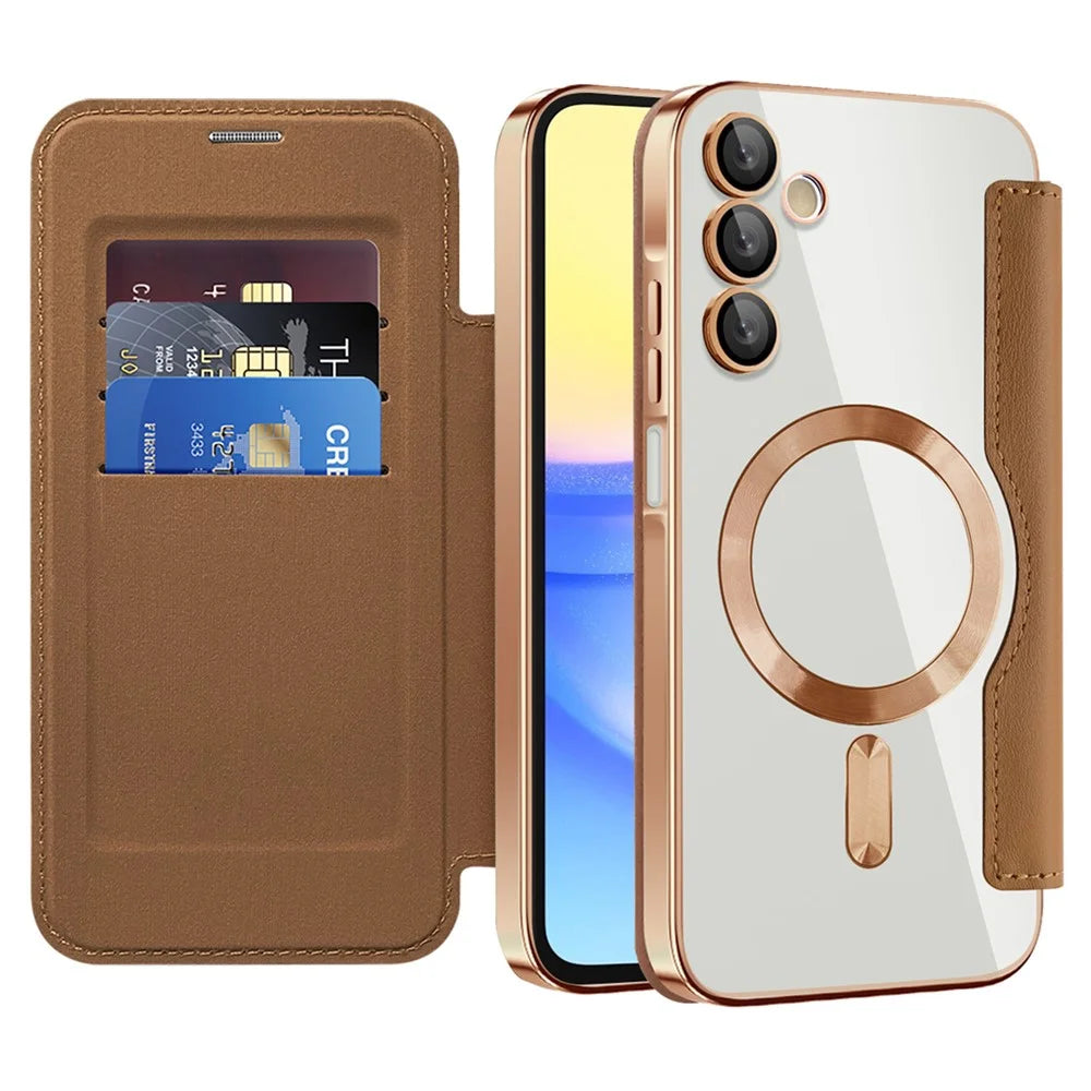 For Samsung Galaxy A15 4G / A15 5G Magnetic Case RFID Blocking Card Holder Leather Phone Cover - Brown - 2