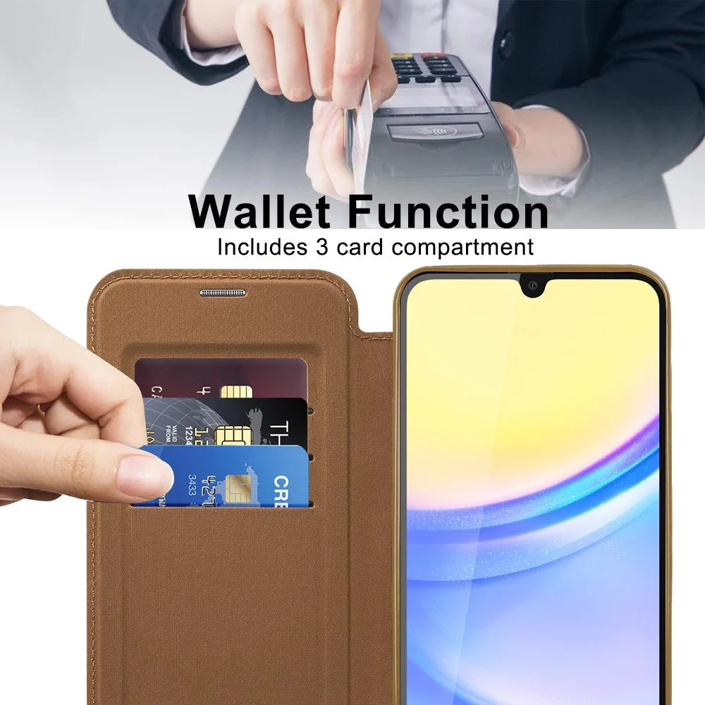 For Samsung Galaxy A15 4G / A15 5G Magnetic Case RFID Blocking Card Holder Leather Phone Cover - Brown - 3