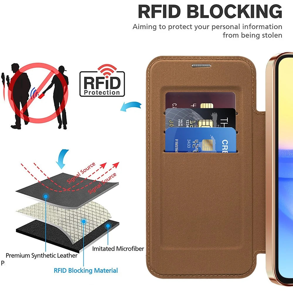 For Samsung Galaxy A15 4G / A15 5G Magnetic Case RFID Blocking Card Holder Leather Phone Cover - Brown - 5