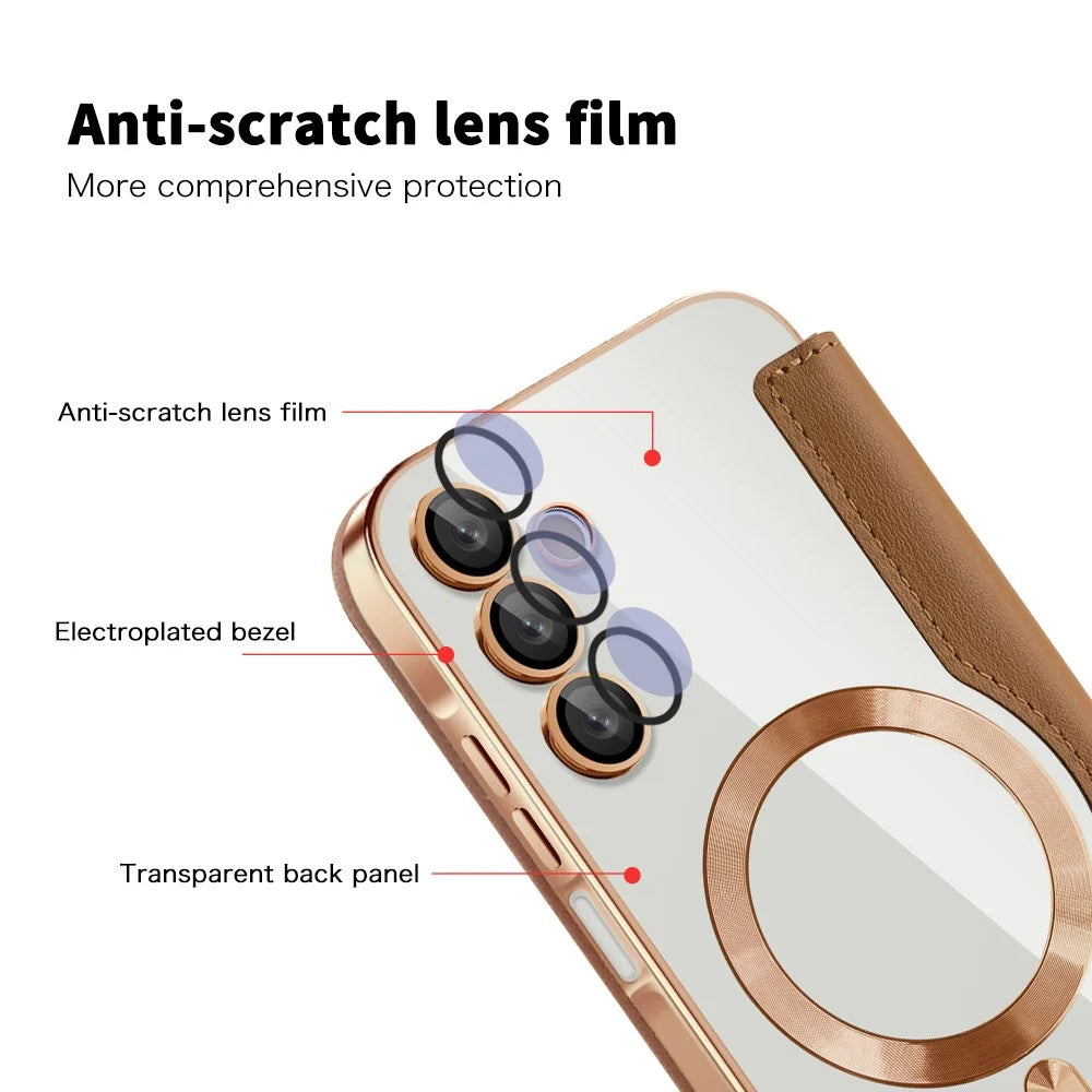 For Samsung Galaxy A15 4G / A15 5G Magnetic Case RFID Blocking Card Holder Leather Phone Cover - Brown - 7