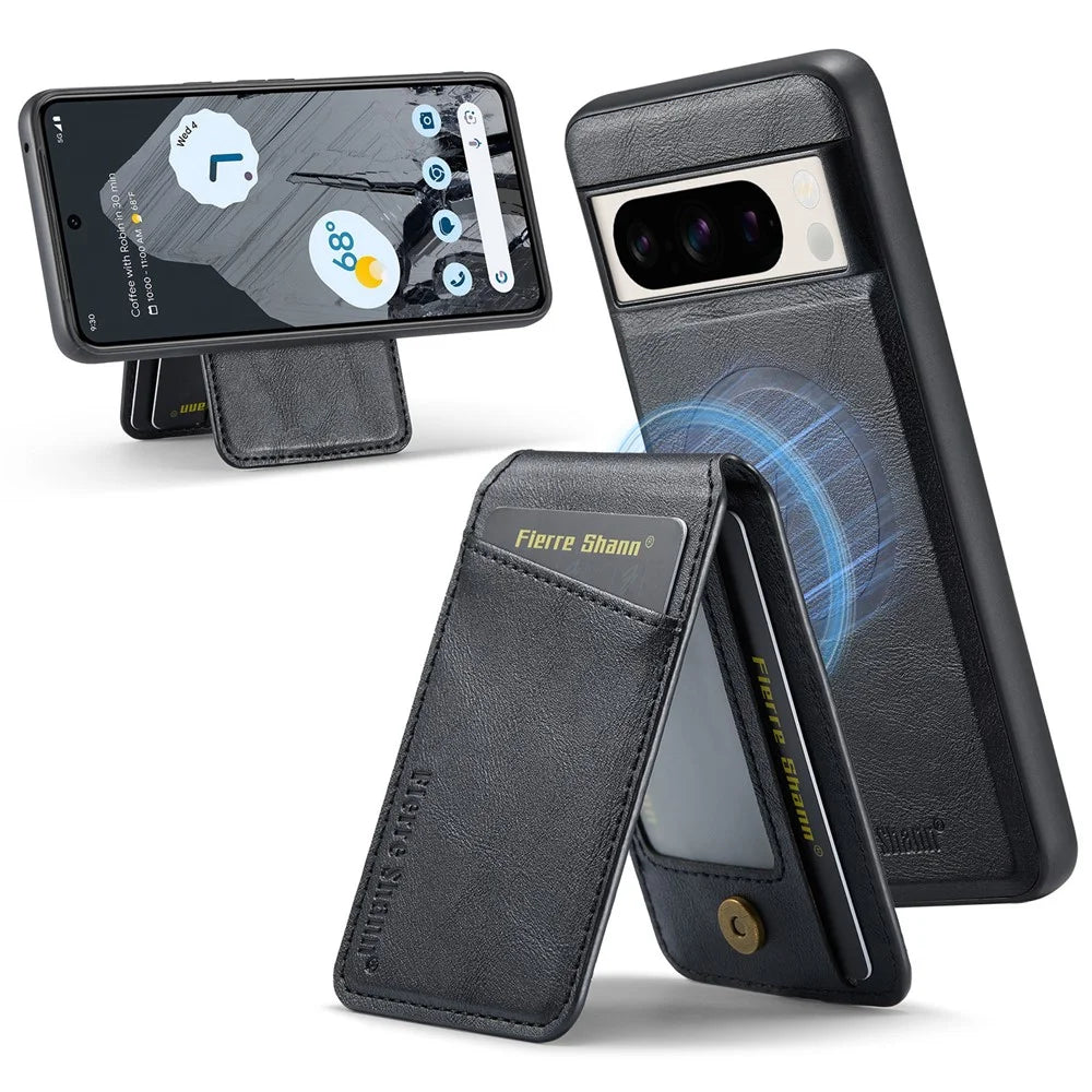 FIERRE SHANN 025 Style For Google Pixel 8 Pro Case PU+TPU Phone Cover with Detachable Card Holder Kickstand - Black - 1