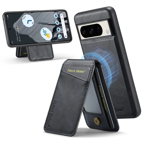 FIERRE SHANN 025 Style For Google Pixel 8 Pro Case PU+TPU Phone Cover with Detachable Card Holder Kickstand - Black - 1