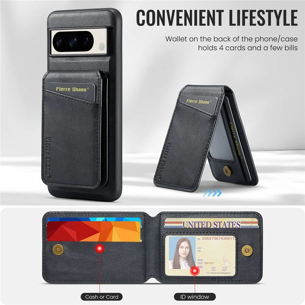 FIERRE SHANN 025 Style For Google Pixel 8 Pro Case PU+TPU Phone Cover with Detachable Card Holder Kickstand - Black - 6