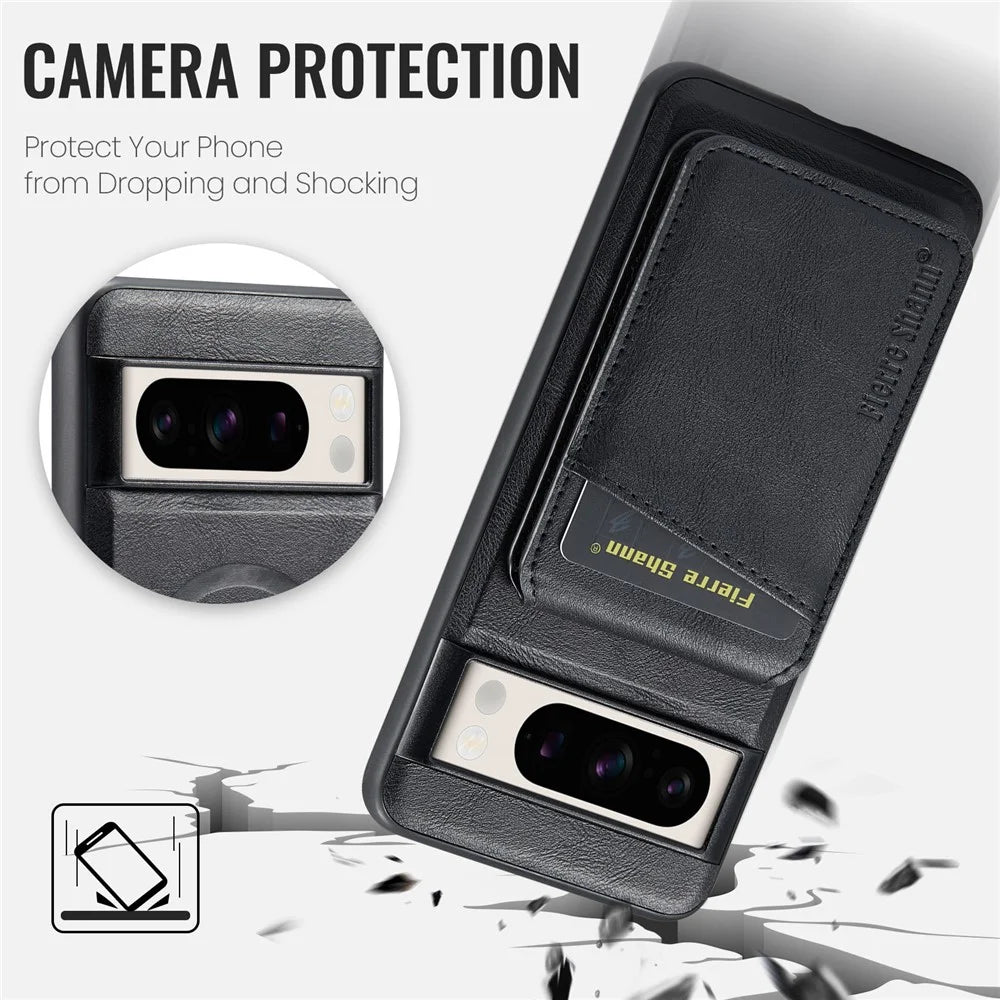 FIERRE SHANN 025 Style For Google Pixel 8 Pro Case PU+TPU Phone Cover with Detachable Card Holder Kickstand - Black - 7