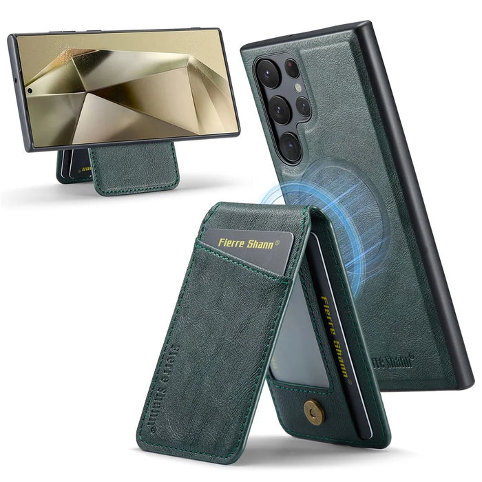 FIERRE SHANN 025 Style For Samsung Galaxy S24 Ultra Case Leather+TPU Card Slots Phone Cover - Green - 1