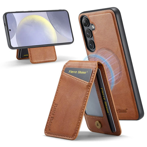 FIERRE SHANN 025 Style For Samsung Galaxy S24+ Kickstand Case Card Holder PU+TPU Phone Cover - Brown - 1