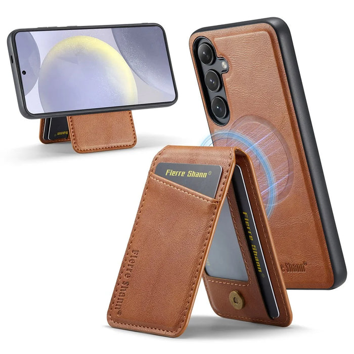 FIERRE SHANN 025 Style For Samsung Galaxy S24+ Kickstand Case Card Holder PU+TPU Phone Cover - Brown - 1