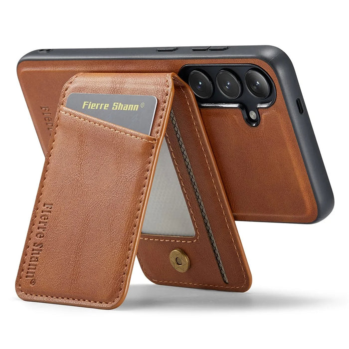 FIERRE SHANN 025 Style For Samsung Galaxy S24+ Kickstand Case Card Holder PU+TPU Phone Cover - Brown - 4