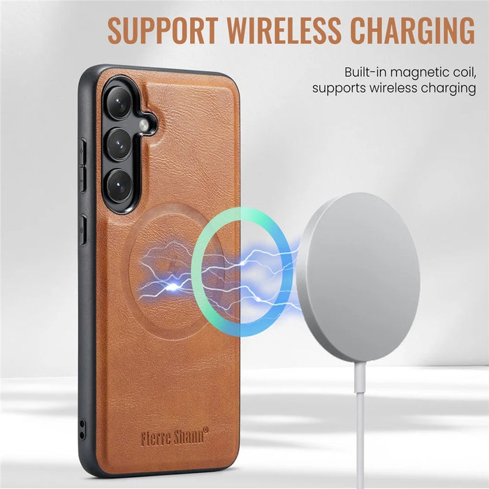 FIERRE SHANN 025 Style For Samsung Galaxy S24+ Kickstand Case Card Holder PU+TPU Phone Cover - Brown - 5