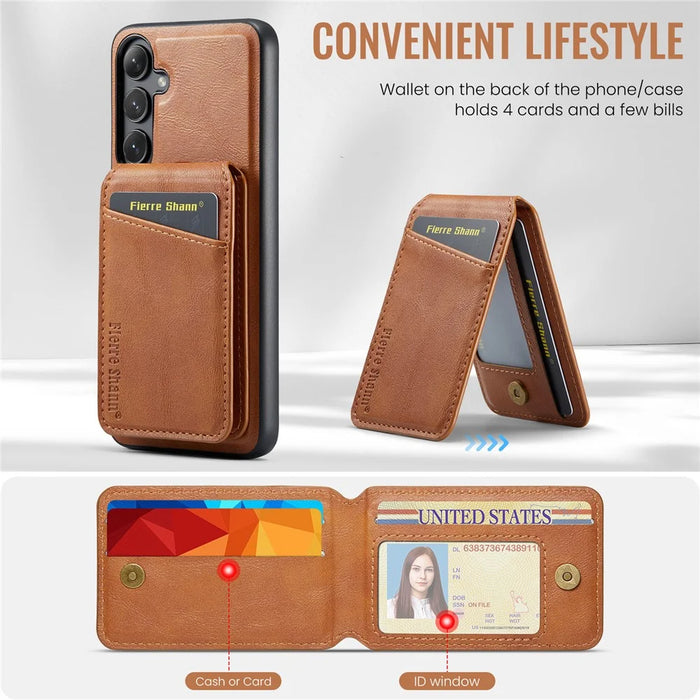 FIERRE SHANN 025 Style For Samsung Galaxy S24+ Kickstand Case Card Holder PU+TPU Phone Cover - Brown - 6