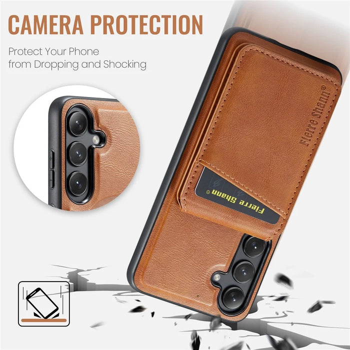 FIERRE SHANN 025 Style For Samsung Galaxy S24+ Kickstand Case Card Holder PU+TPU Phone Cover - Brown - 7