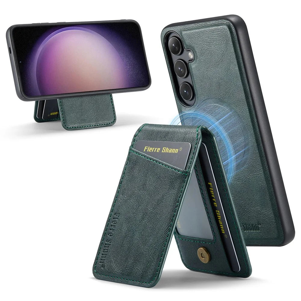 FIERRE SHANN 025 Style For Samsung Galaxy S23 FE Case Card Bag PU+TPU Phone Cover with Kickstand - Green - 1