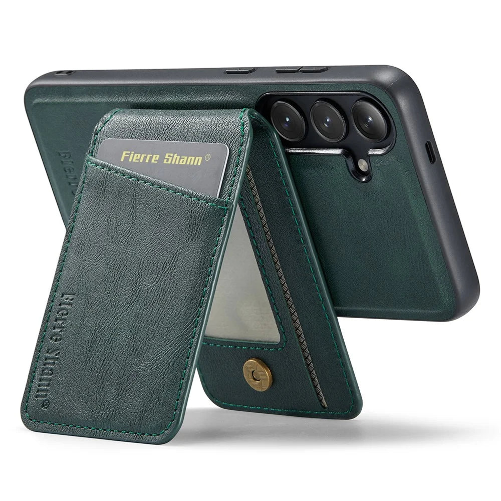 FIERRE SHANN 025 Style For Samsung Galaxy S23 FE Case Card Bag PU+TPU Phone Cover with Kickstand - Green - 4
