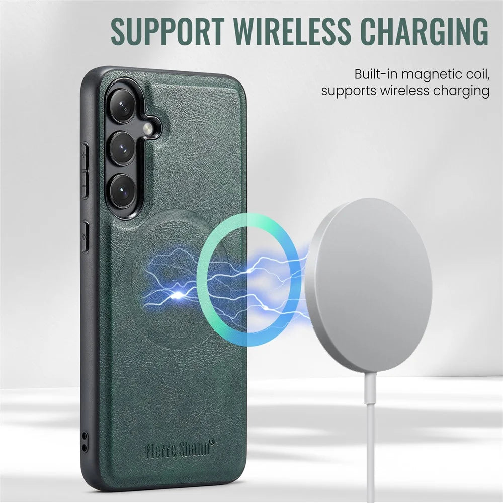 FIERRE SHANN 025 Style For Samsung Galaxy S23 FE Case Card Bag PU+TPU Phone Cover with Kickstand - Green - 5