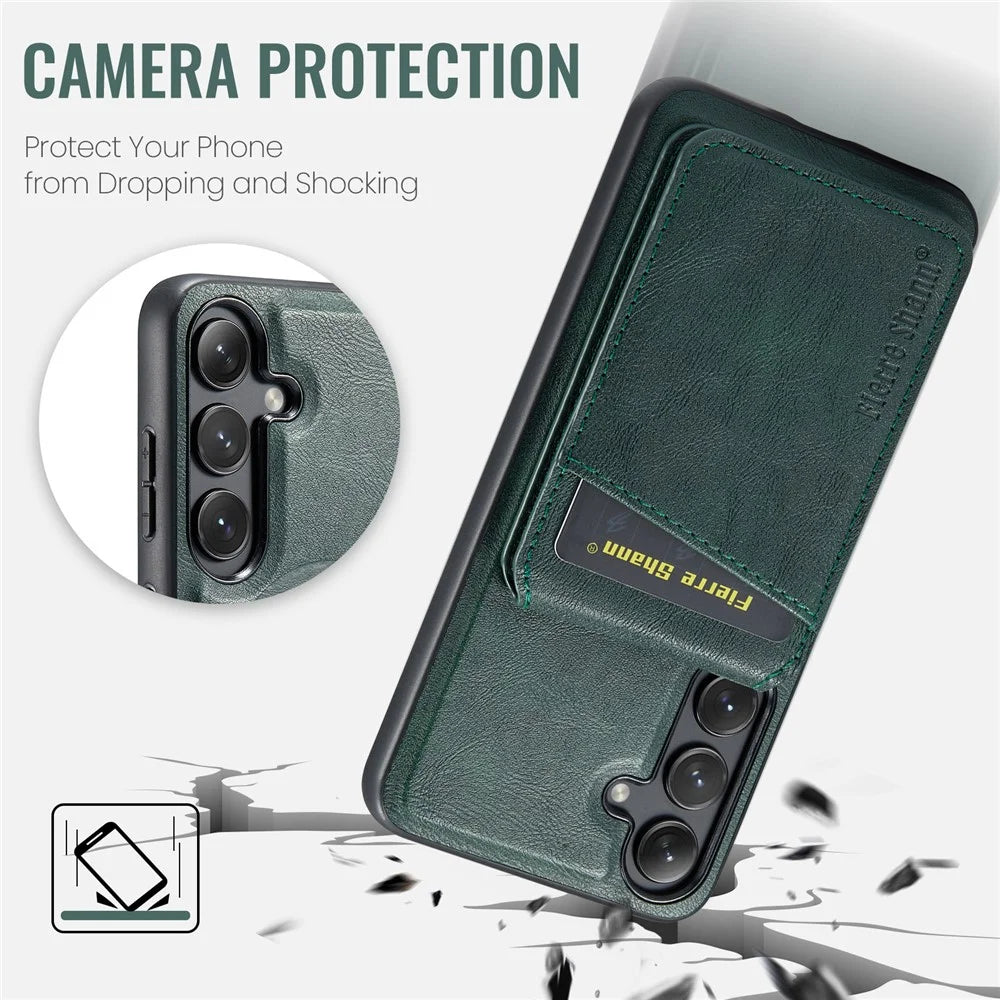 FIERRE SHANN 025 Style For Samsung Galaxy S23 FE Case Card Bag PU+TPU Phone Cover with Kickstand - Green - 7