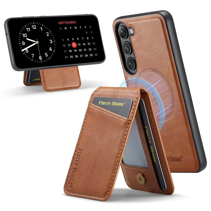 FIERRE SHANN 025 Style For Samsung Galaxy S23+ Case Card Holder Kickstand PU+TPU Phone Shell - Brown - 1