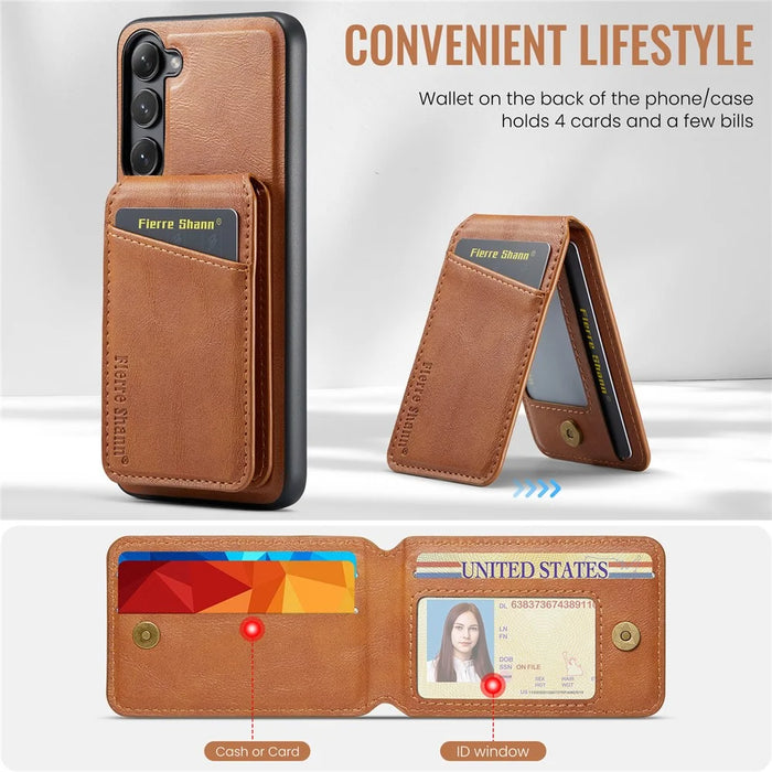 FIERRE SHANN 025 Style For Samsung Galaxy S23+ Case Card Holder Kickstand PU+TPU Phone Shell - Brown - 6